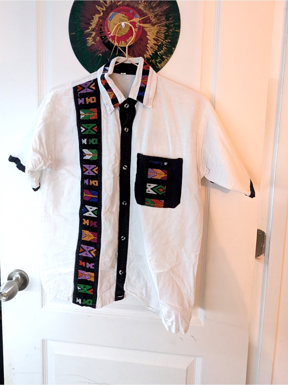 Guatemalan White Shirt with Black Trim and Colorful Embroidered Accent